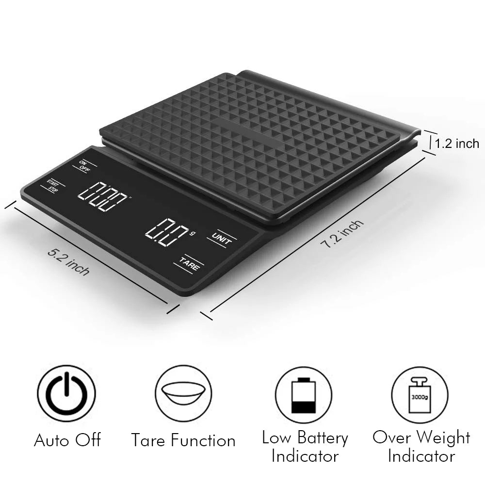 Cântar electronic de bucătărie digital 3 kg/0,1 g, cântar electronic de cafea de înaltă precizie, portabil, cu cronometru, pentru espresso