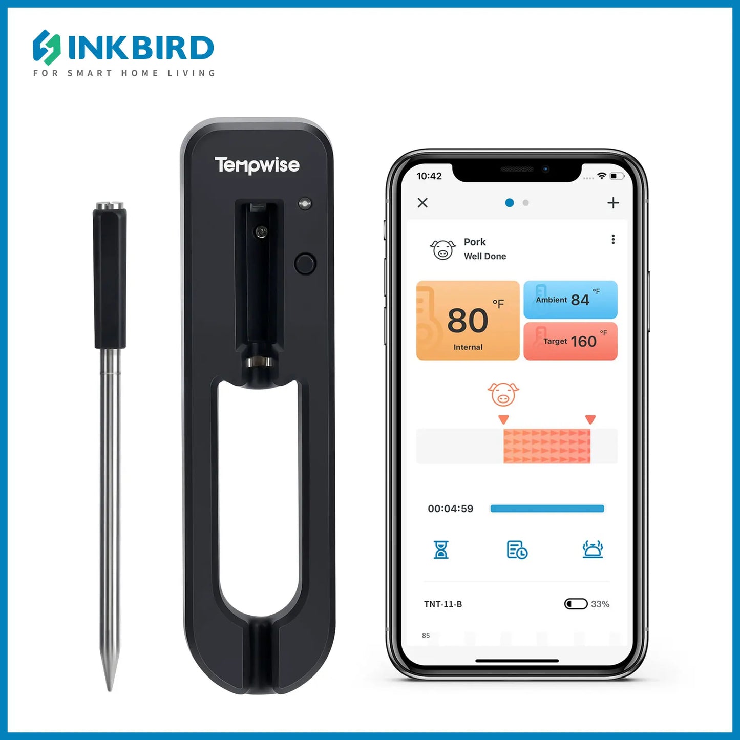 Termometru inteligent pentru cuptor Tempwise, compatibil cu Bluetooth, 30m, control al temperaturii, termometre pentru carne, pentru aragaz, grătar, afumător Sous Vide