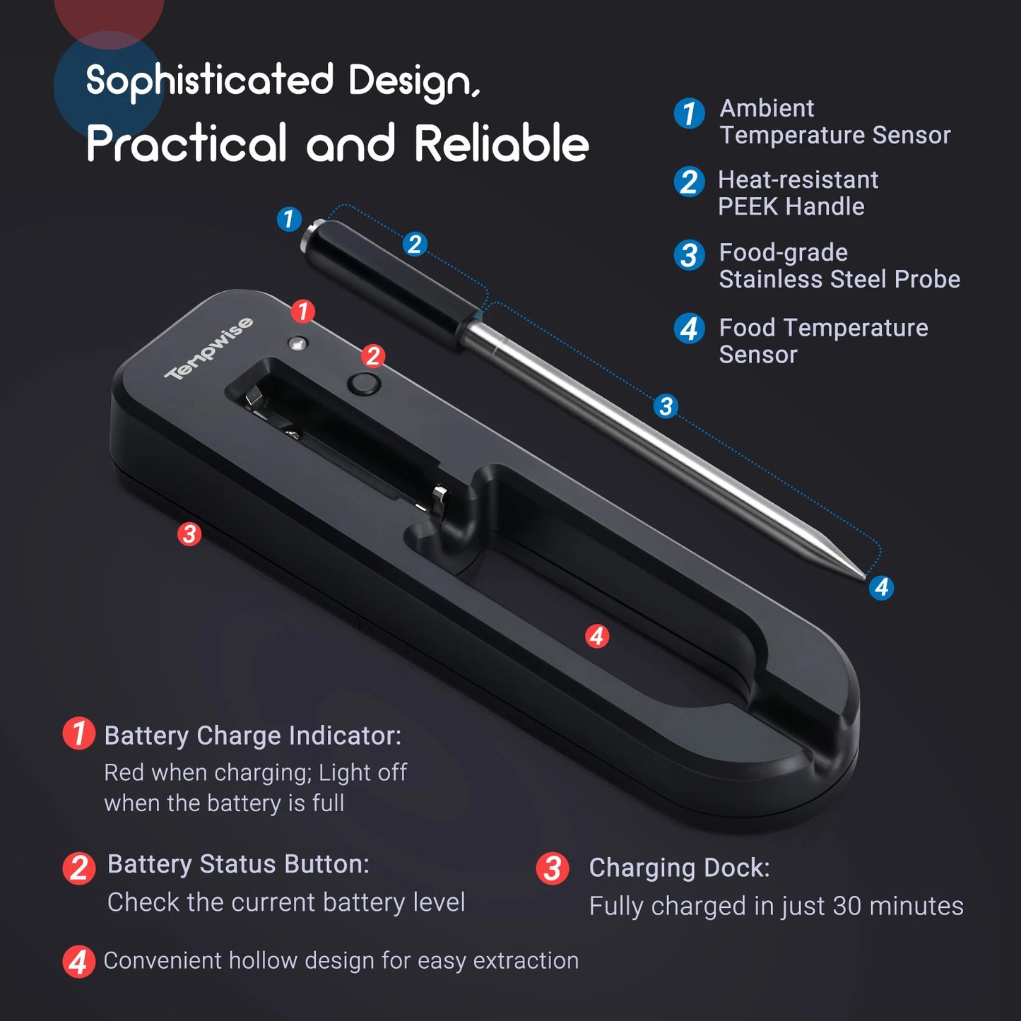 Termometru inteligent pentru cuptor Tempwise, compatibil cu Bluetooth, 30m, control al temperaturii, termometre pentru carne, pentru aragaz, grătar, afumător Sous Vide