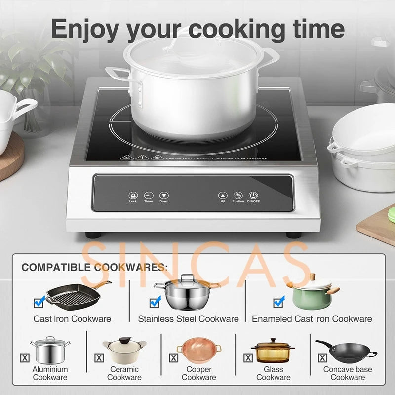 3500W Commercial Electromagnetic Induction Cooker Hotpot Heating Cooktop Soup Stir-Fry Cooking Stove 110V/1800W Restaurant Table